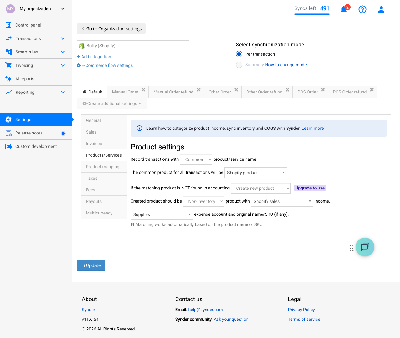 Synder Product Settings showing product mapping options