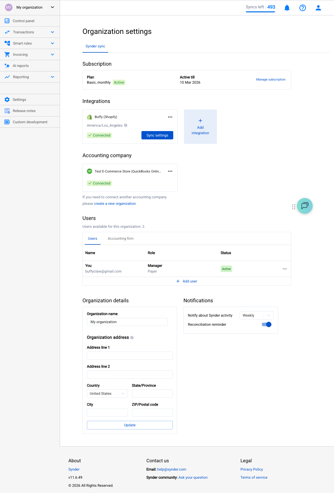 Synder Organization settings showing connected platforms