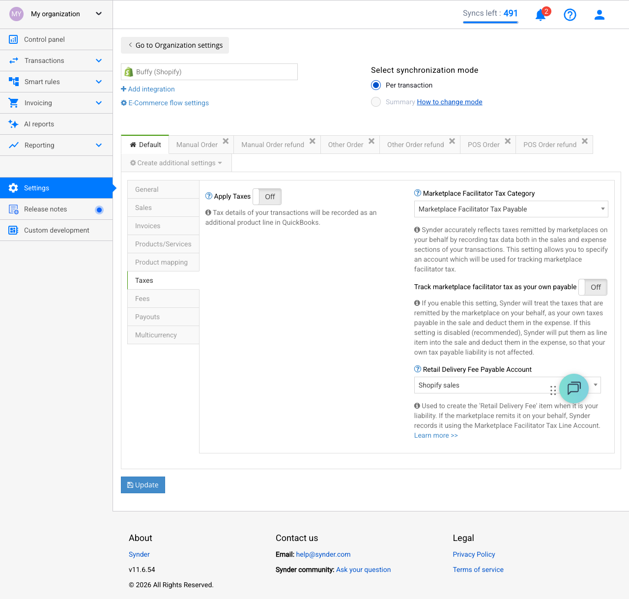 Synder Tax Settings showing Apply Taxes toggle and Marketplace Facilitator Tax configuration