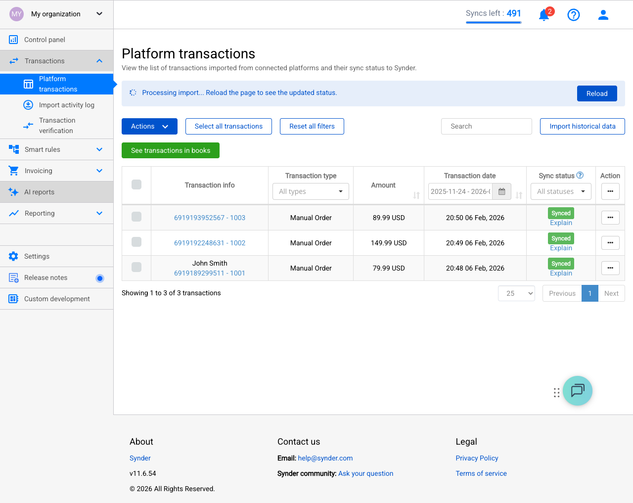 Synder Platform Transactions showing synced Shopify orders with status