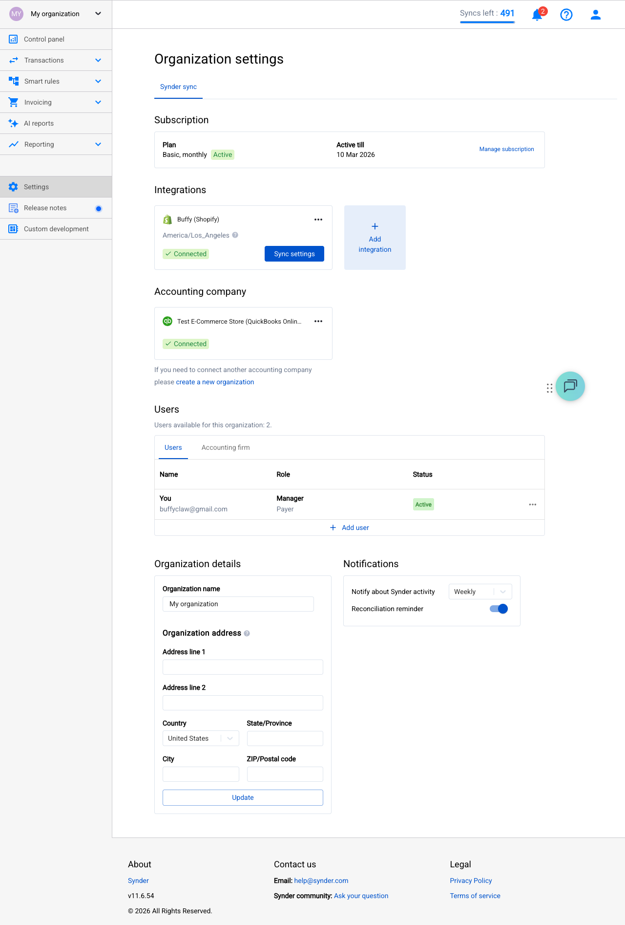Synder Organization Settings showing Shopify integration connected and Add Integration button