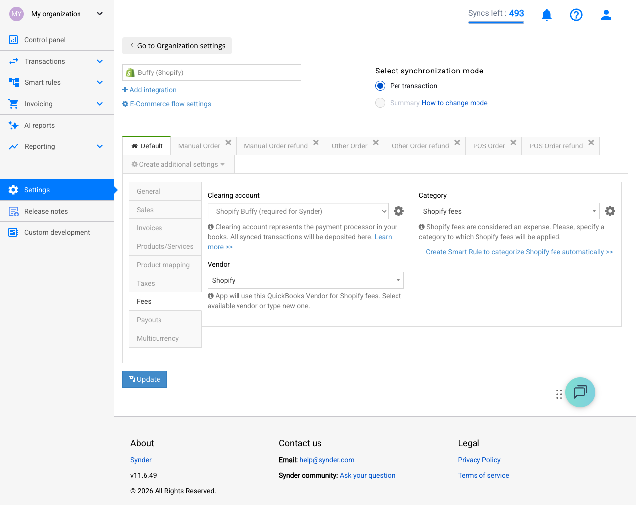 Synder fee account settings