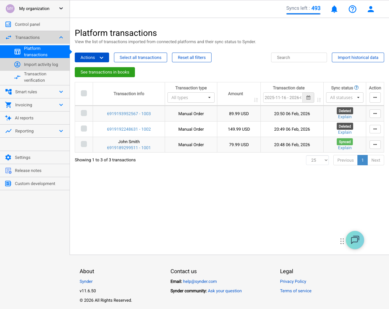 Synder Platform transactions list