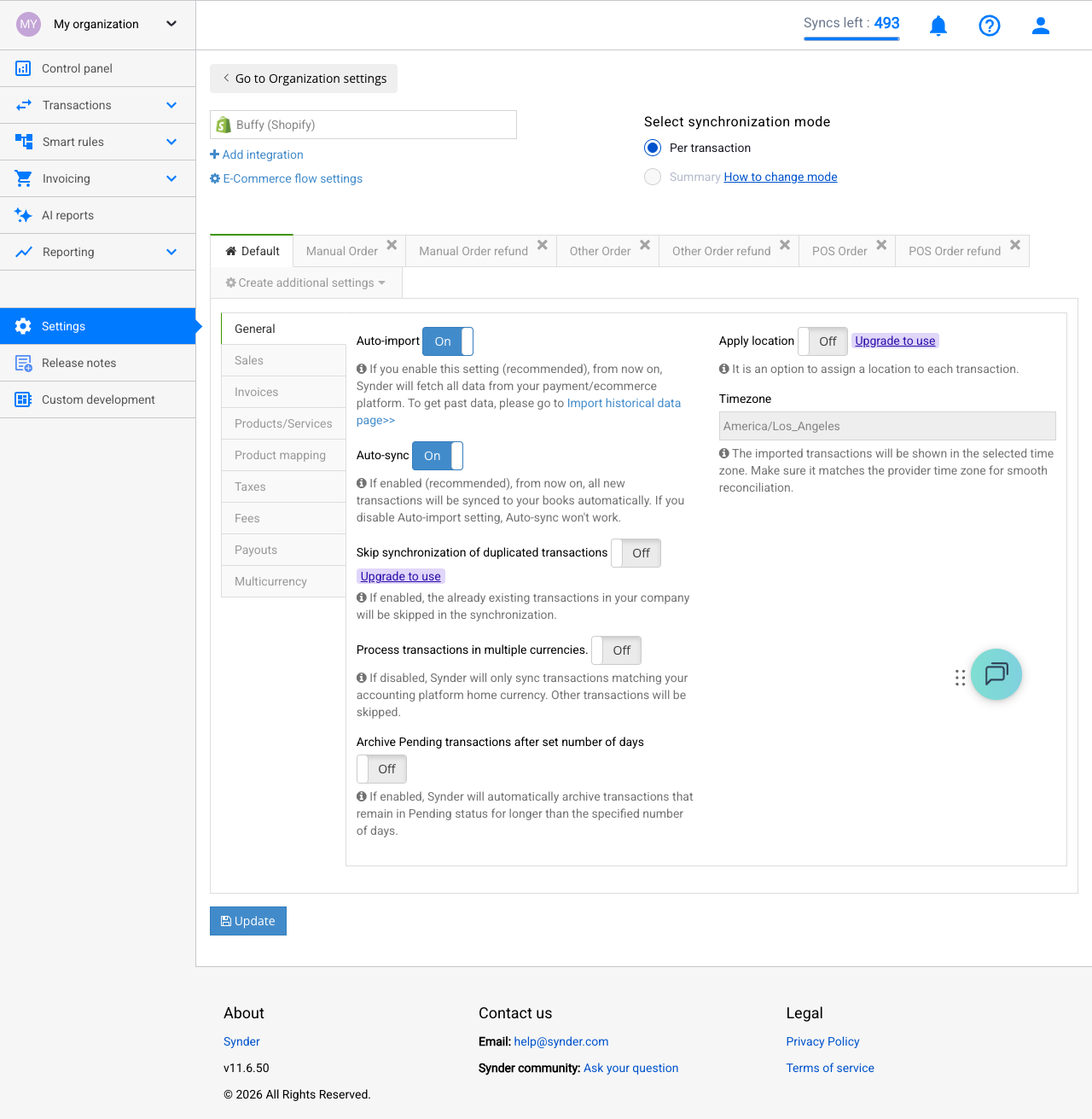 Synder Settings page