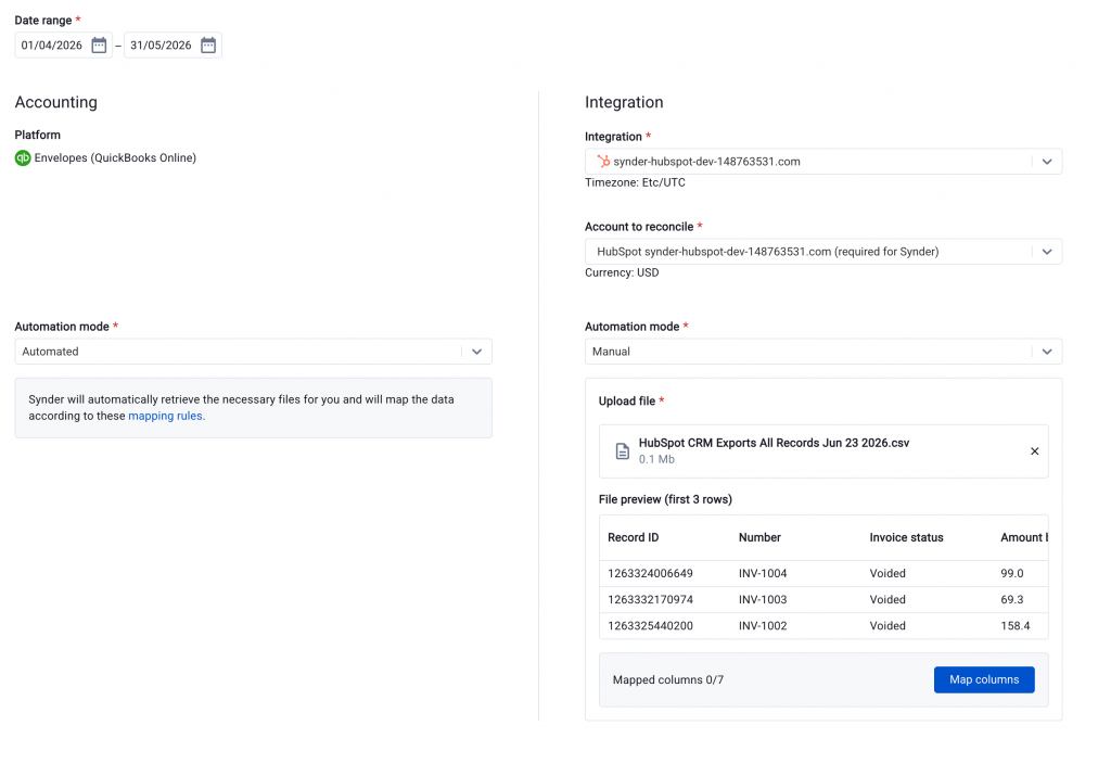 Transaction reconciliation: HubSpot manual file upload step in Synder