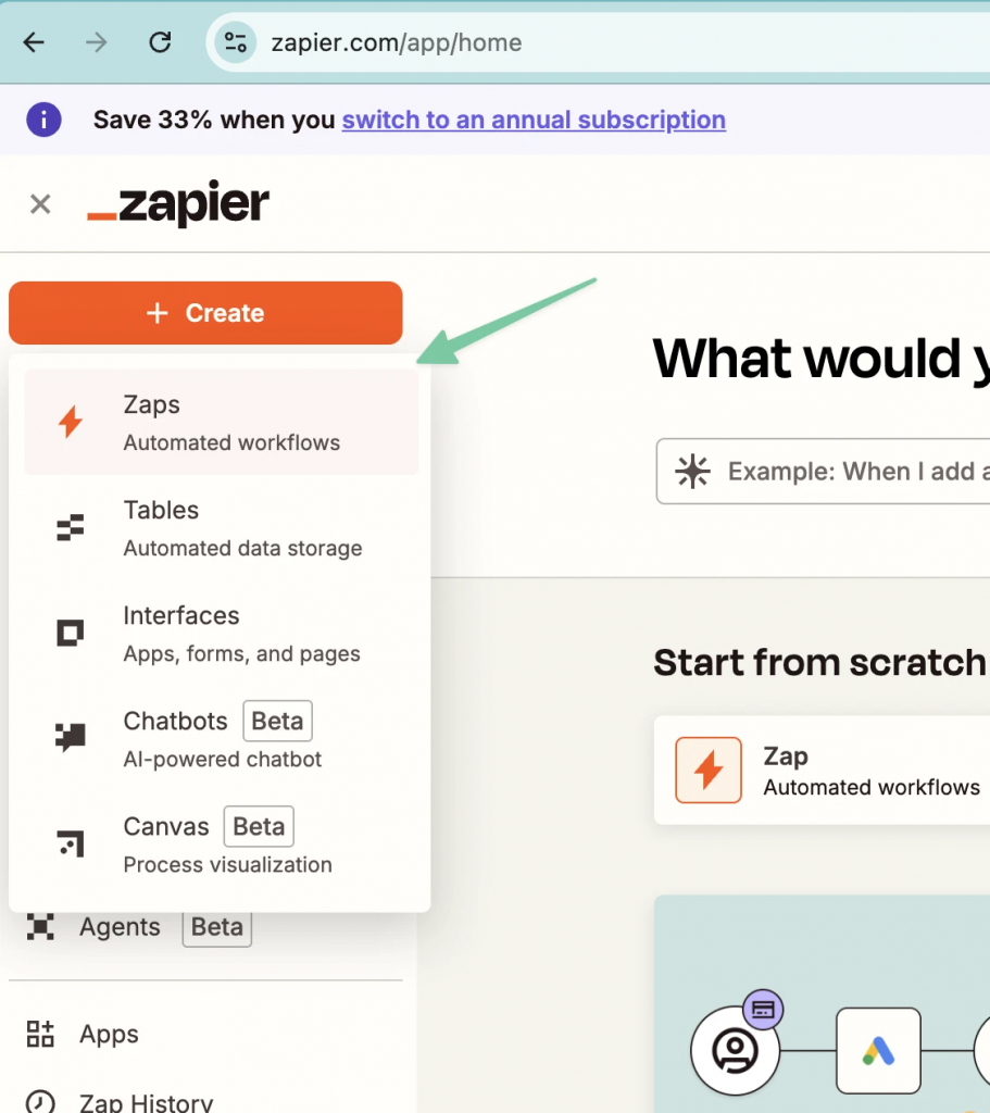 Zapier Create menu with the Zap option selected