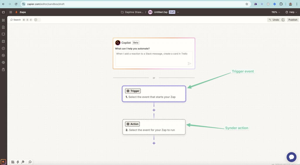 Zapier Zap editor showing the trigger and action workflow builder