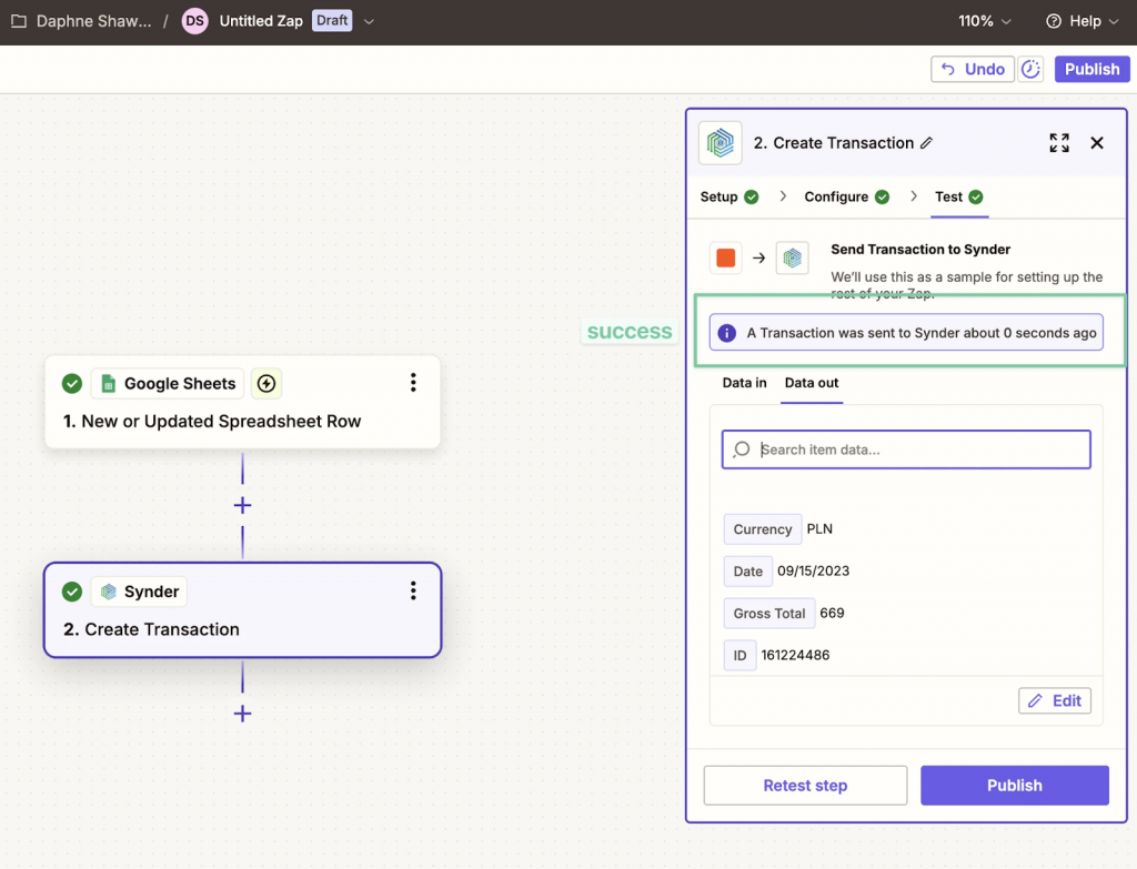 Zapier test result showing a successfully created transaction in Synder