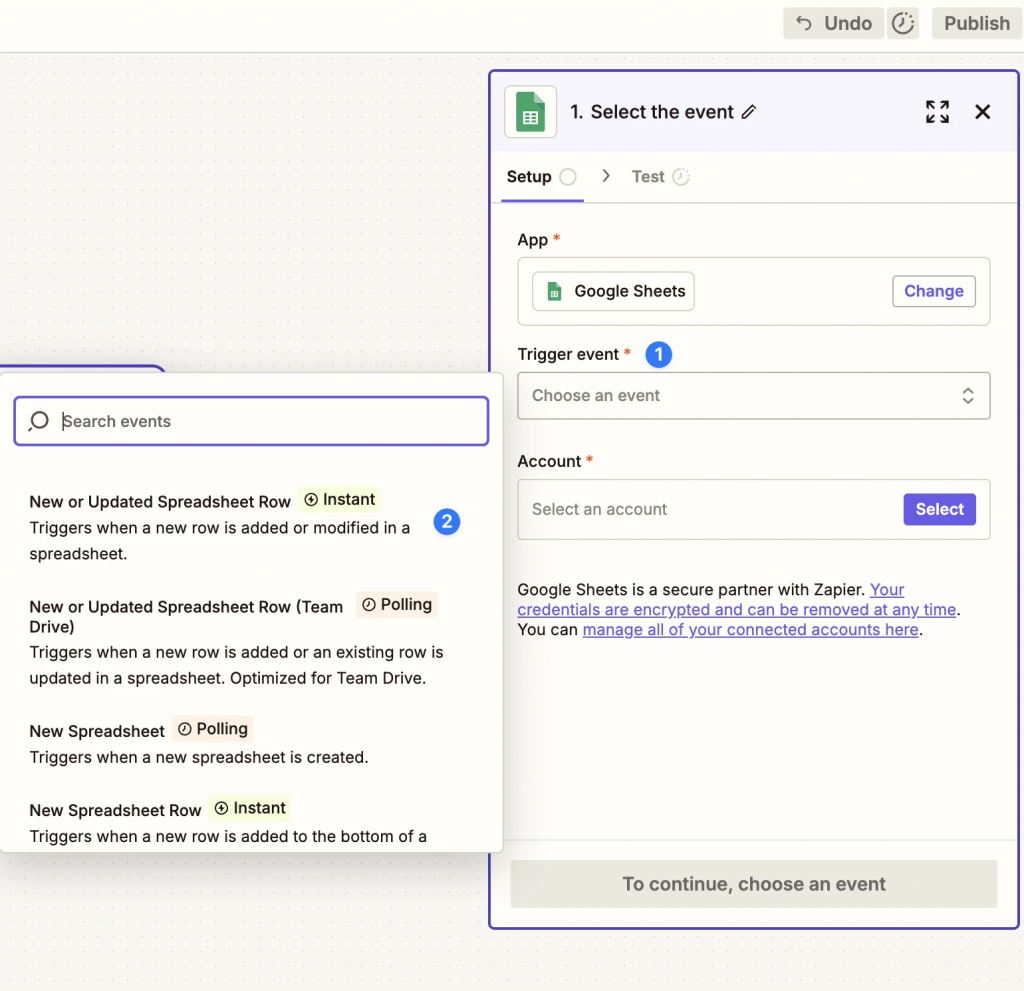 Selecting Google Sheets as the trigger with New or Updated Row event