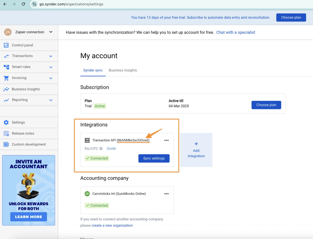 Synder Integrations page showing the Transactions API connection and API key