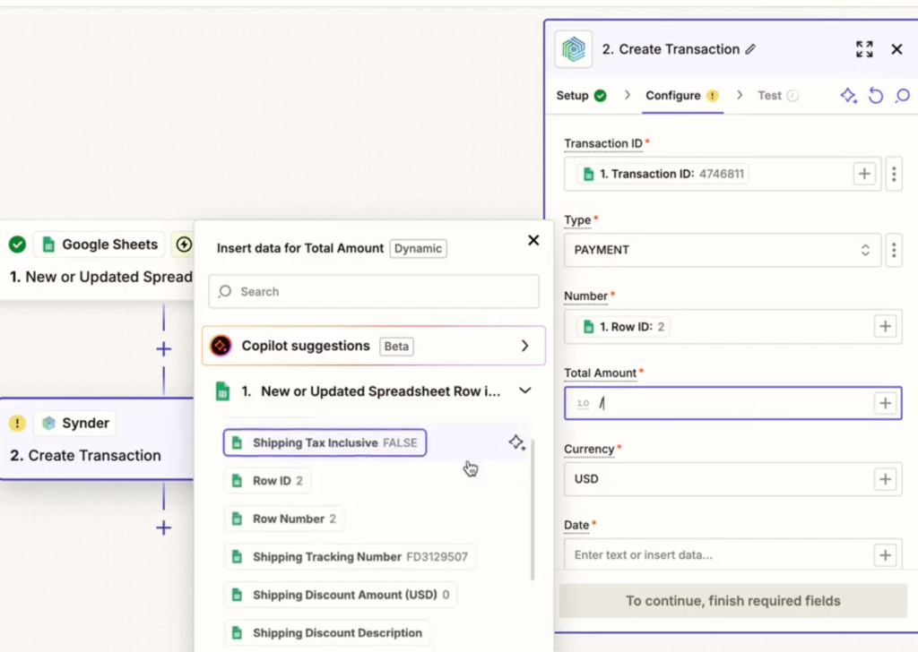 Mapping spreadsheet columns to Synder transaction fields in Zapier