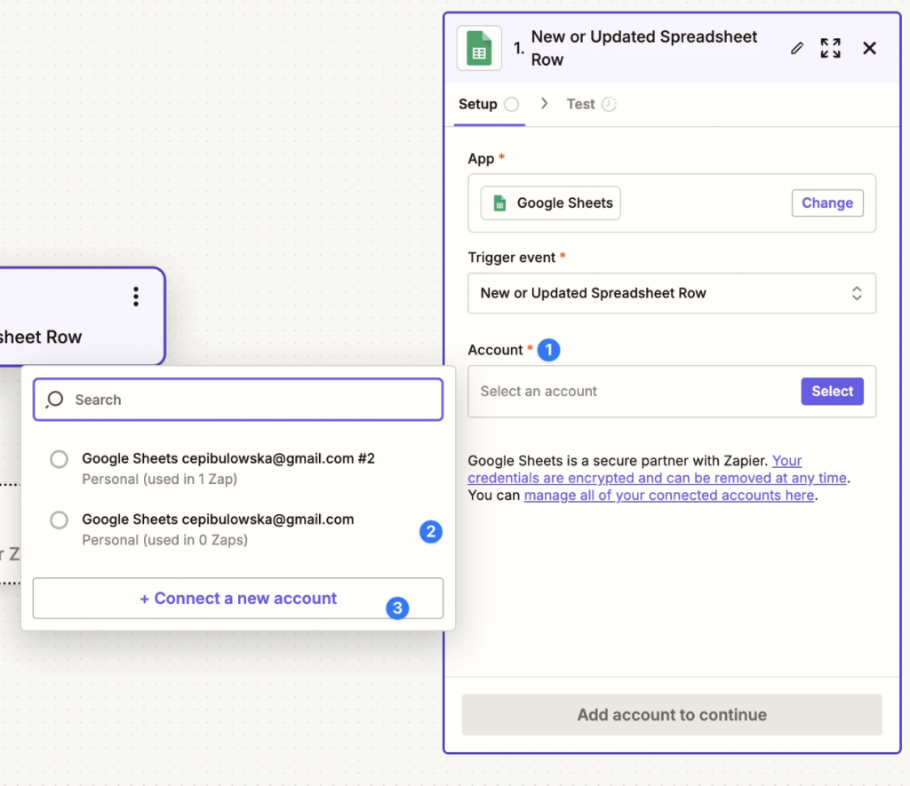 Zapier account connection dialog for Google Sheets