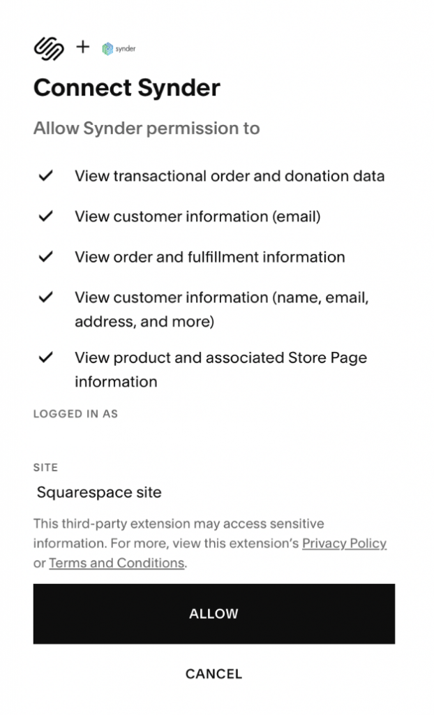 Squarespace permission request screen in Synder