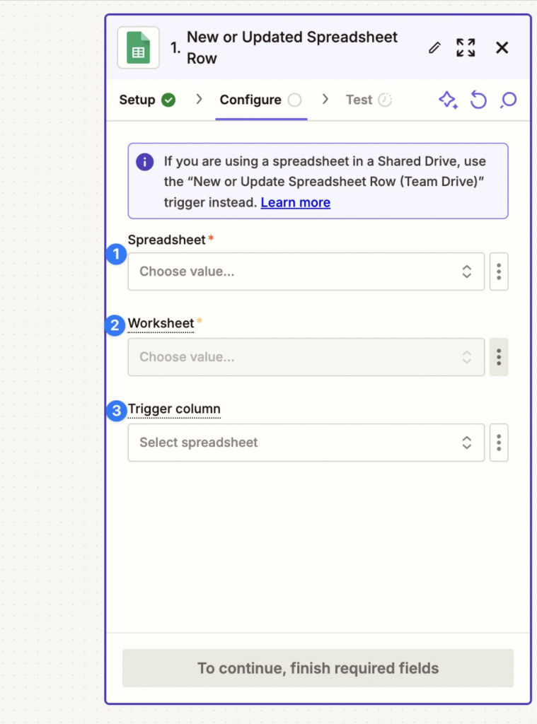 Selecting the spreadsheet, worksheet, and trigger column in Zapier