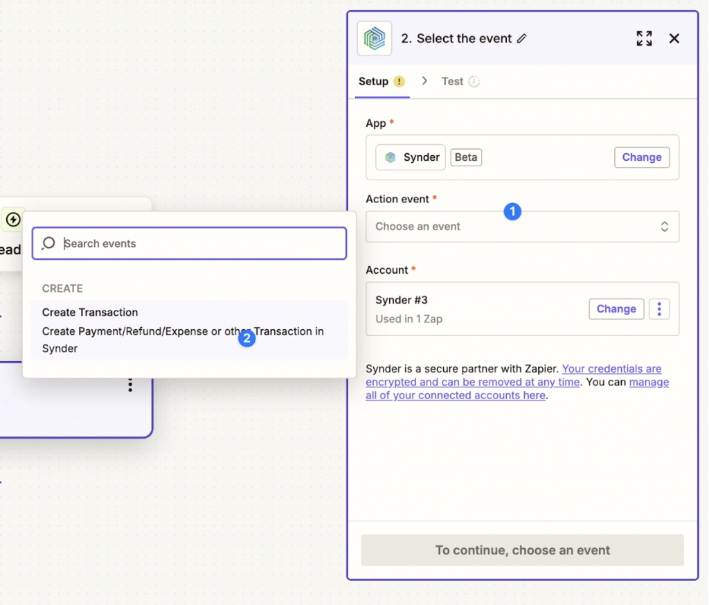 Selecting Create Transaction as the Synder action in Zapier