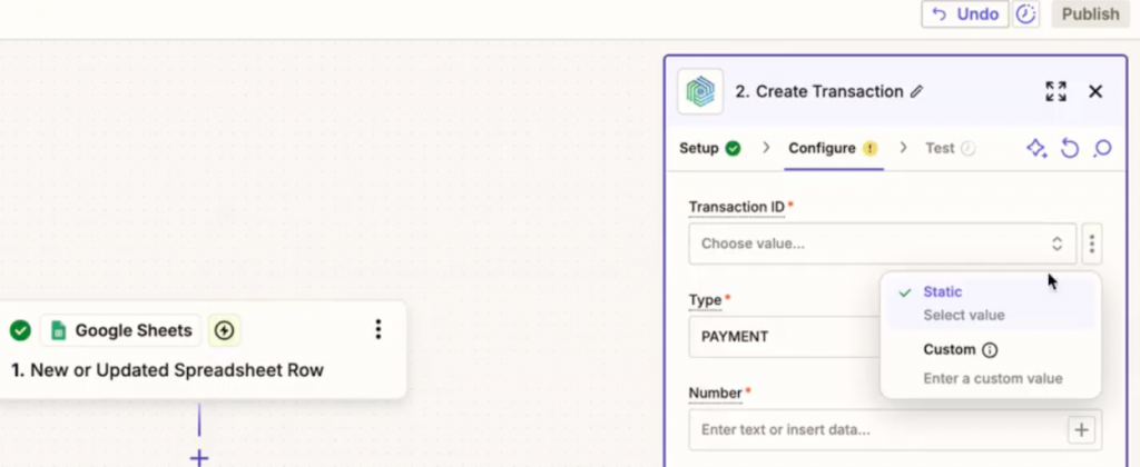 Zapier action fields set to Custom mode for dynamic column mapping