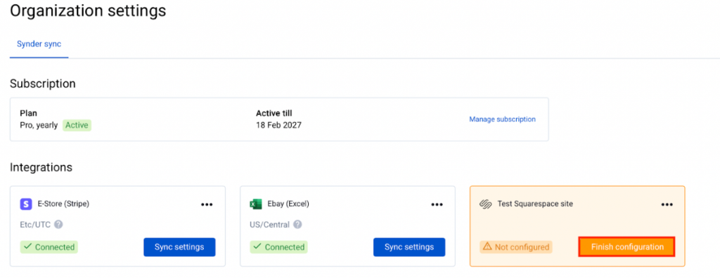 Squarespace integration configuration screen showing timezone selection