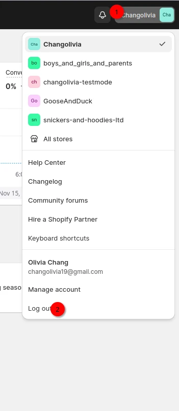Shopify admin profile menu showing the Log out option