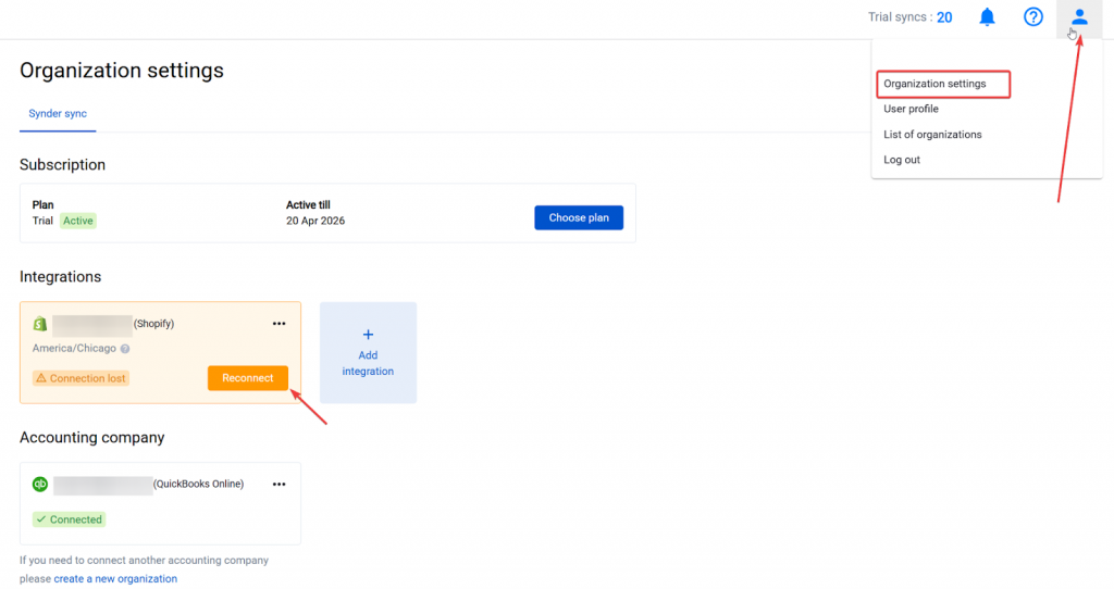 Synder Organization settings showing connected Shopify store status