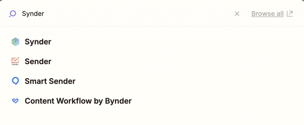 Searching for Synder in the Zapier action app list