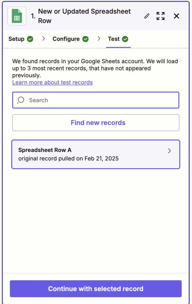 Zapier test trigger showing a sample row pulled from Google Sheets