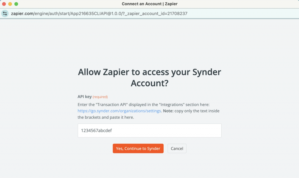 Zapier asking for the Synder API key to connect