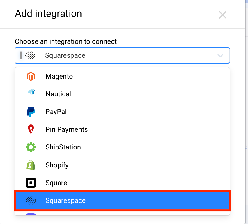 Adding Squarespace integration in Synder organization settings