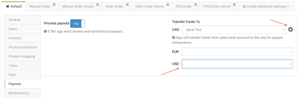 Payouts tab with accounts assigned per currency