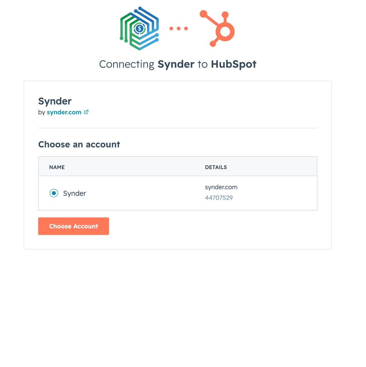 HubSpot — Choose an account to connect to Synder