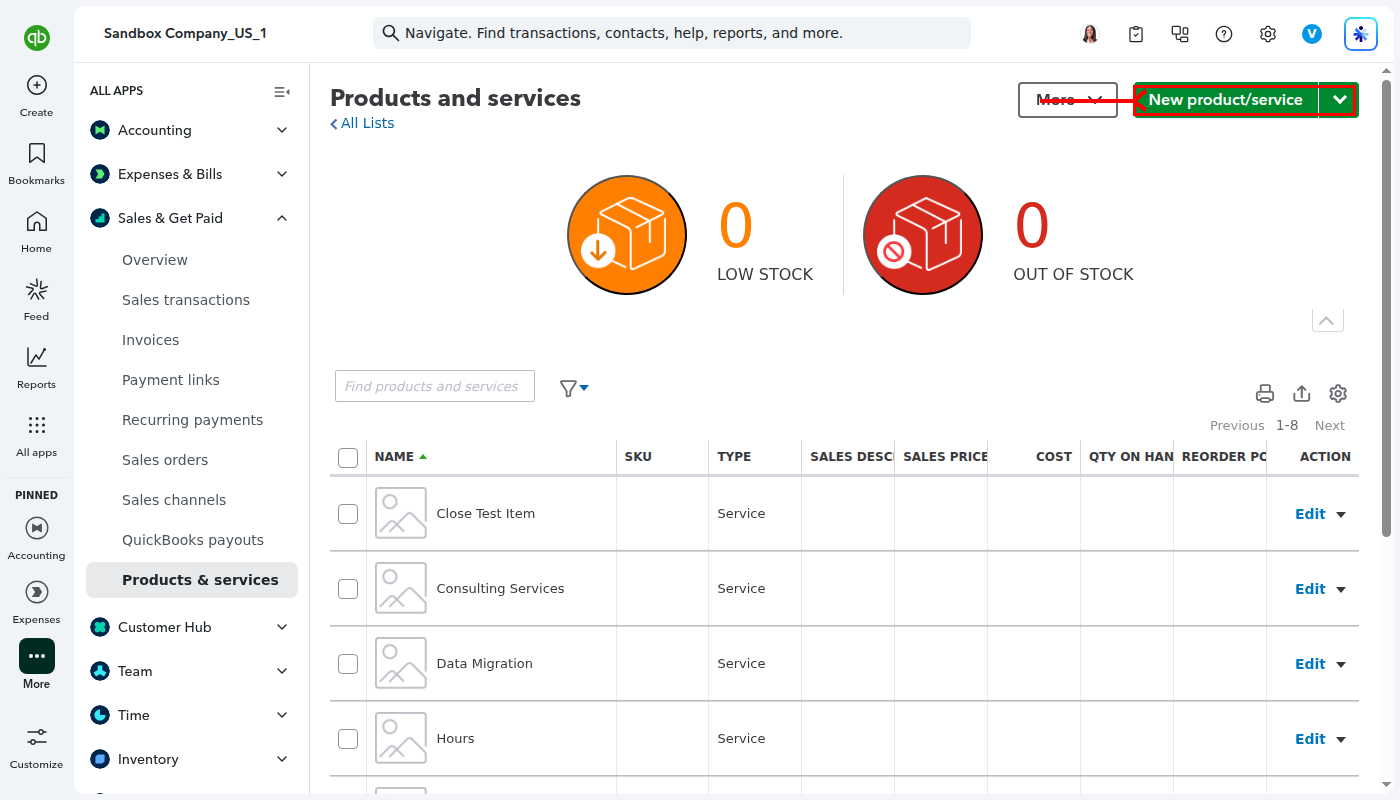 QuickBooks Online Products and Services page with New product service button highlighted