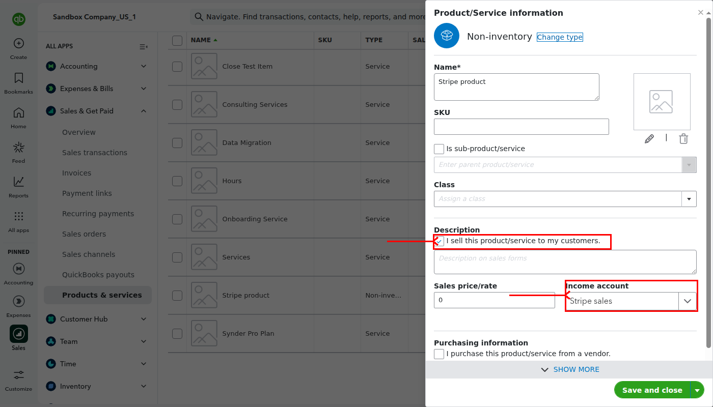 QuickBooks Online Product Service edit form showing I sell this product checkbox checked and income account highlighted