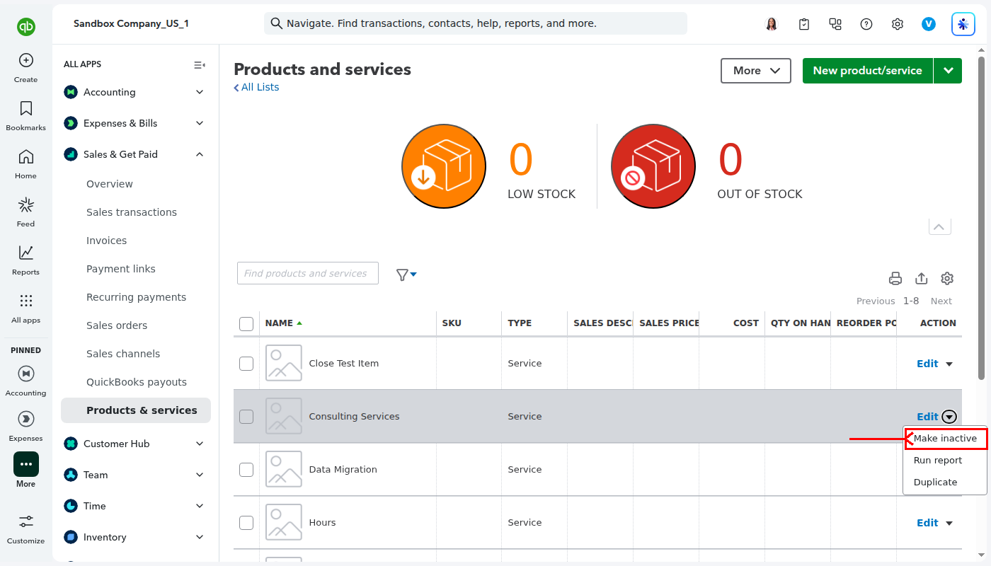 QuickBooks Online Products and Services list with Make inactive option highlighted in the action dropdown