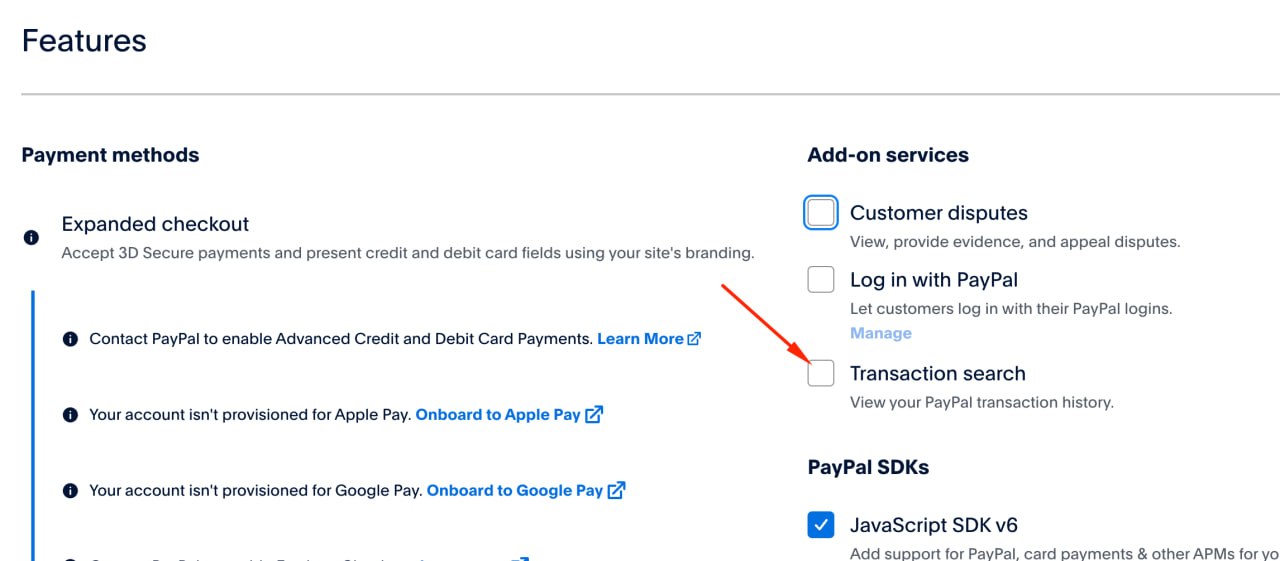 Enable Transaction search in app Features