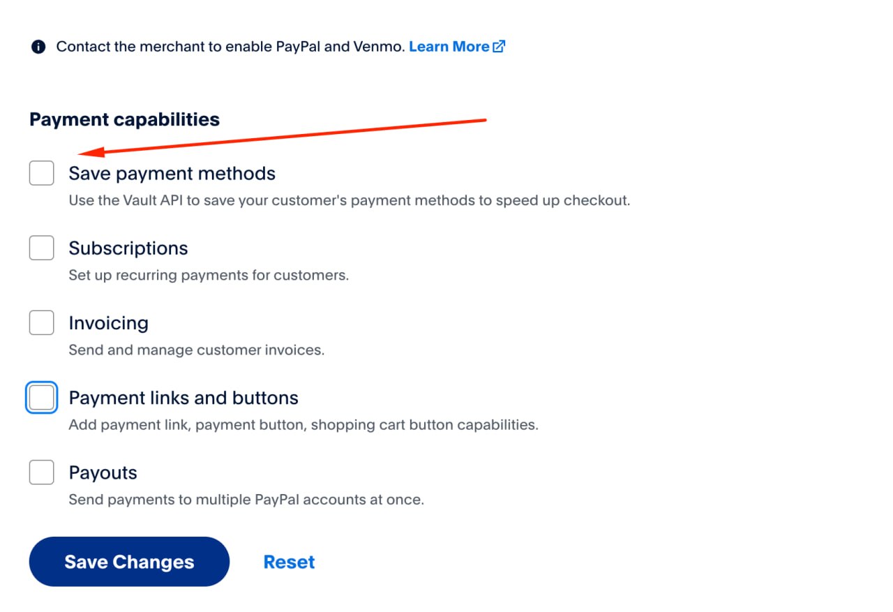 Uncheck all Payment capabilities and Save Changes