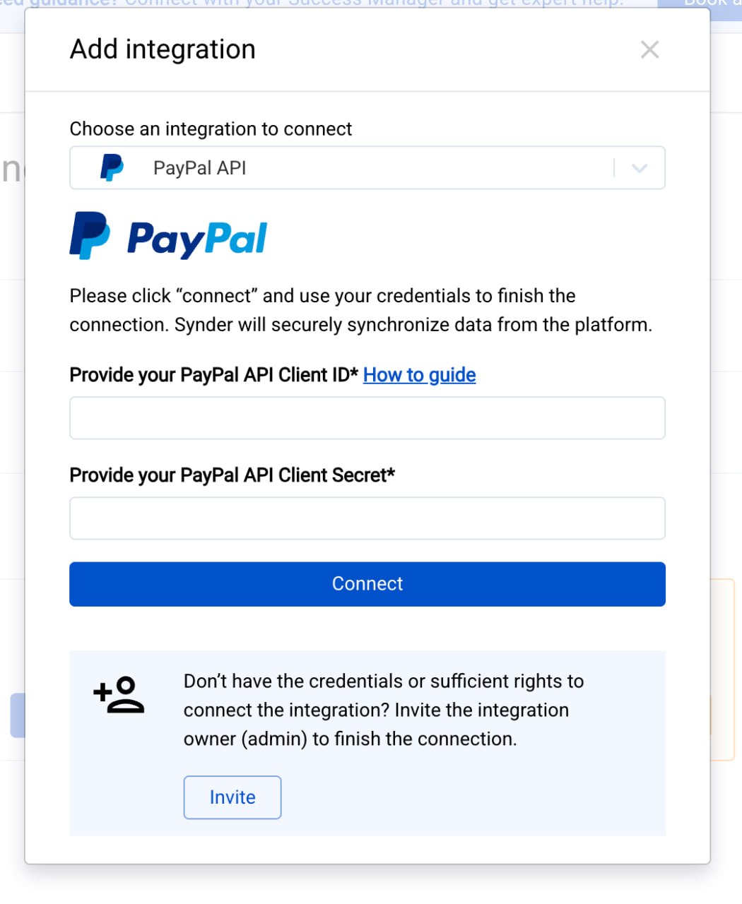 Synder Add integration form for PayPal API