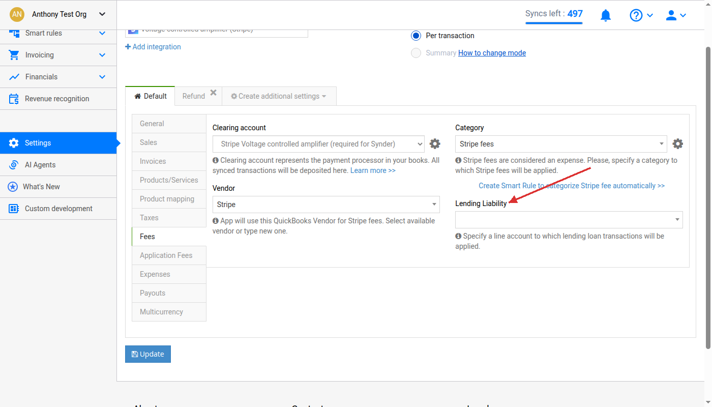 Lending capital loan field in Shopify Fees settings in Synder