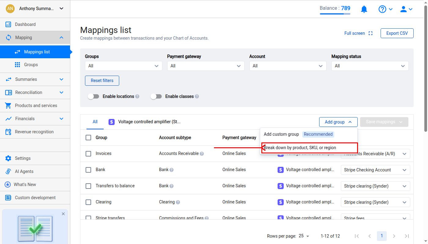 Synder Mappings list Add group dropdown with Break down by product SKU or region option highlighted