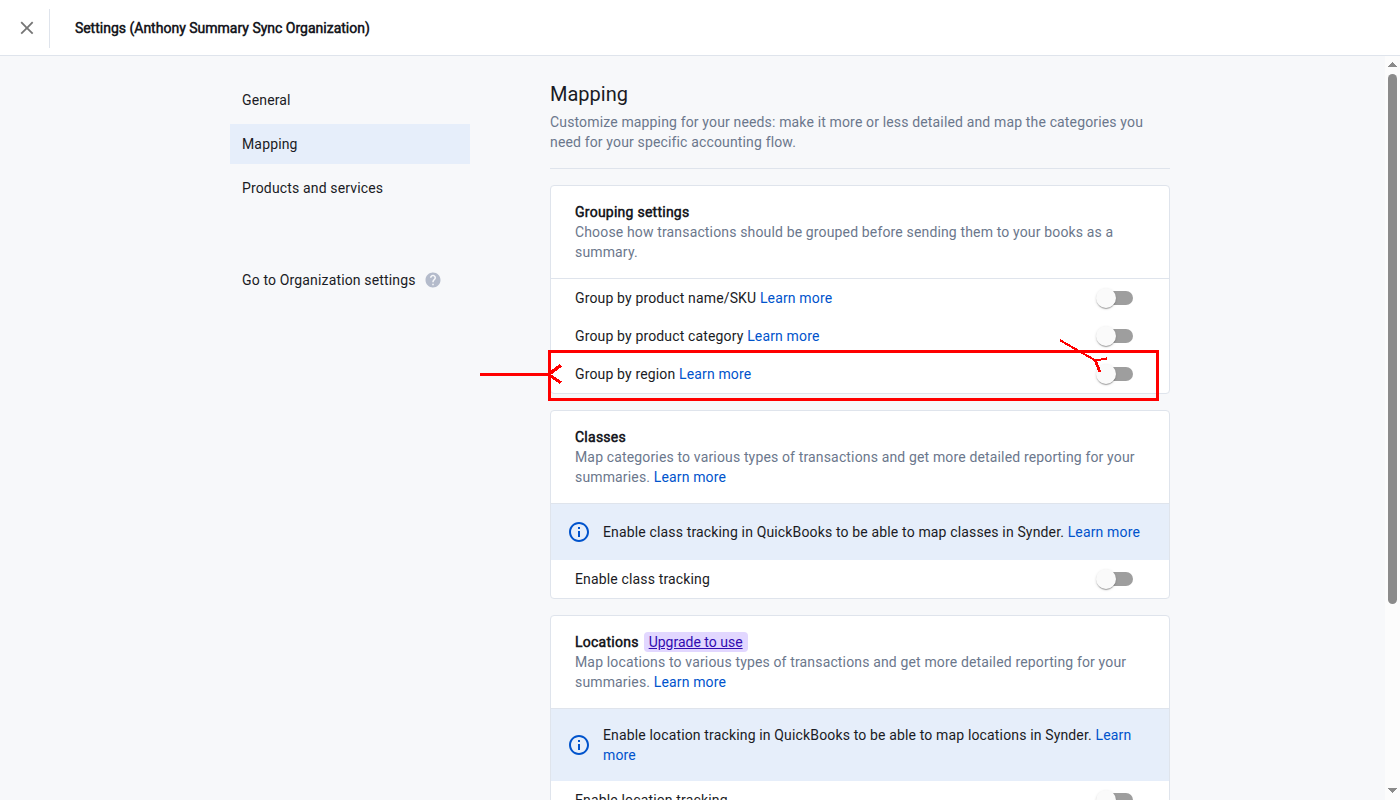 Synder Settings Mapping Grouping settings section with Group by region toggle highlighted