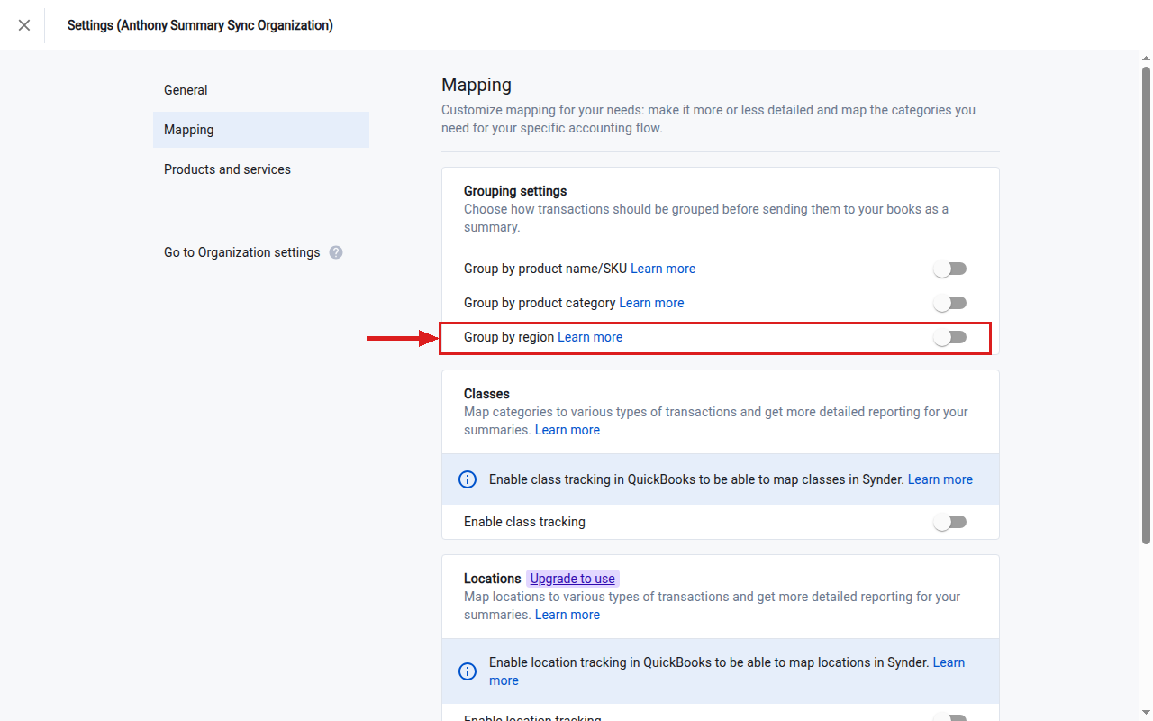 Synder Settings Mapping Grouping settings with Group by region toggle enabled