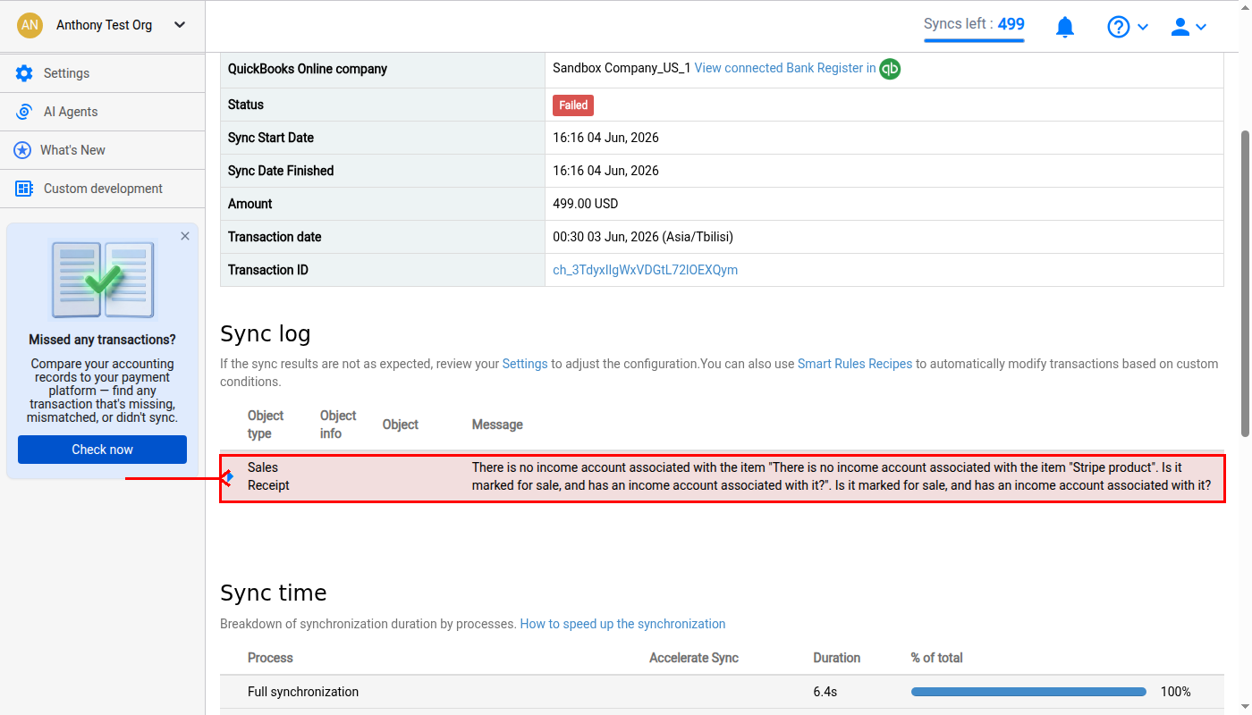 Synder sync log showing Failed status with no income account associated with the item error message highlighted