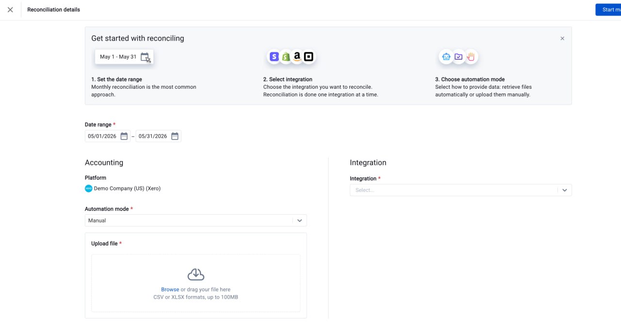 Synder Transaction Reconciliation form — Accounting set to Xero (Manual mode) with XLSX upload