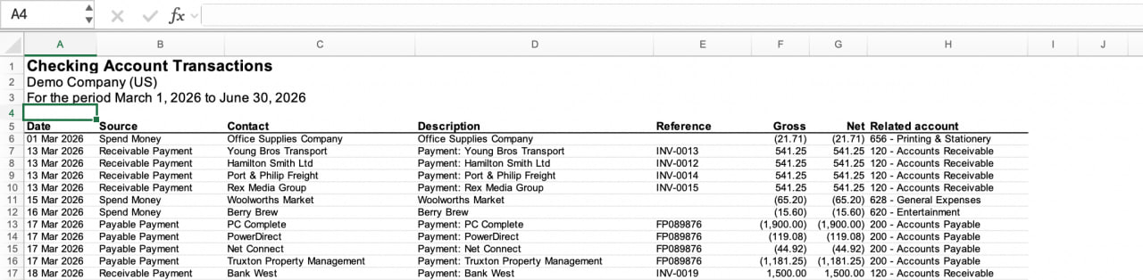 Xero Account Transactions report in Excel showing the 4 header rows to delete before uploading to Synder