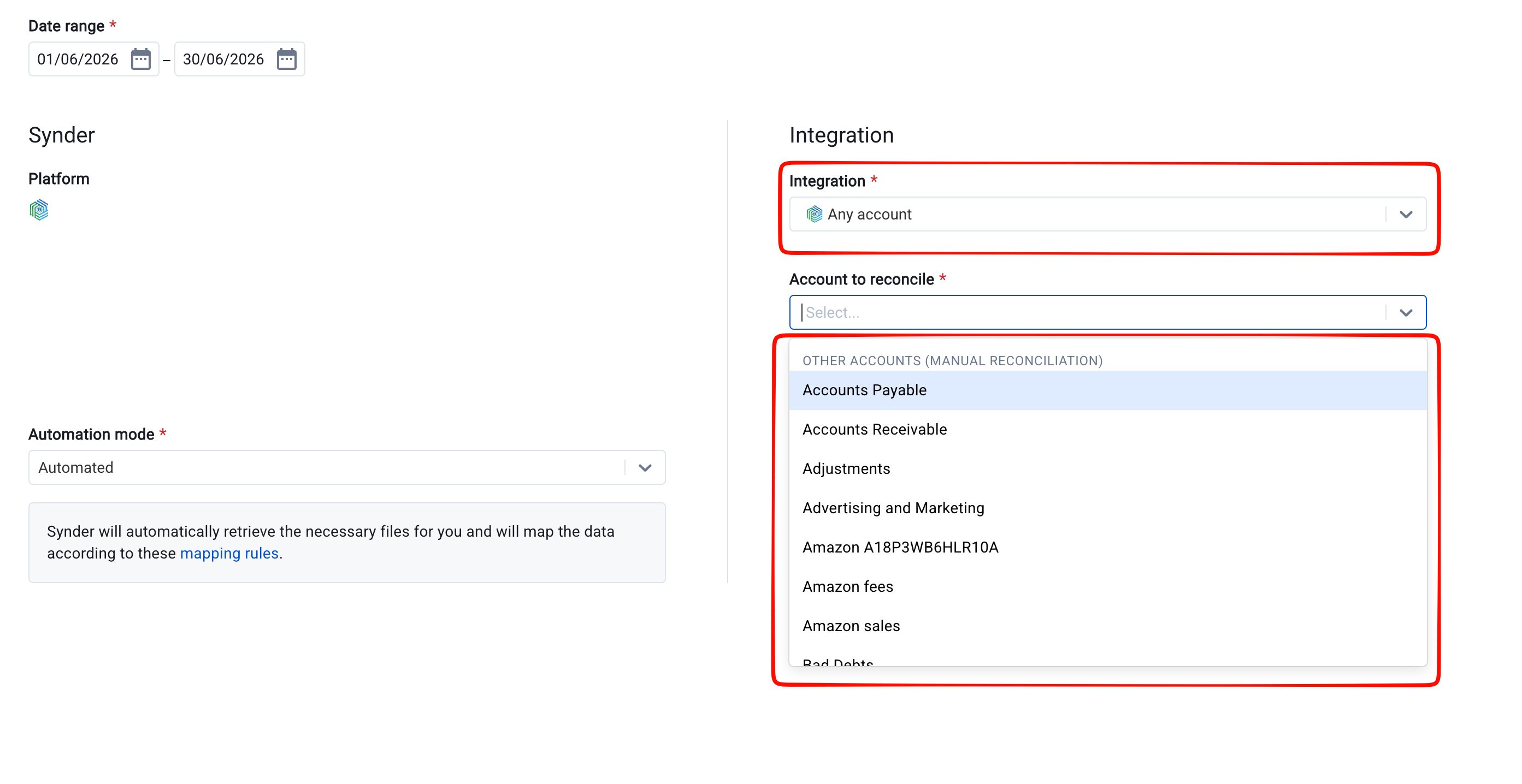 Any account option selected in the Integration dropdown with all book accounts listed below