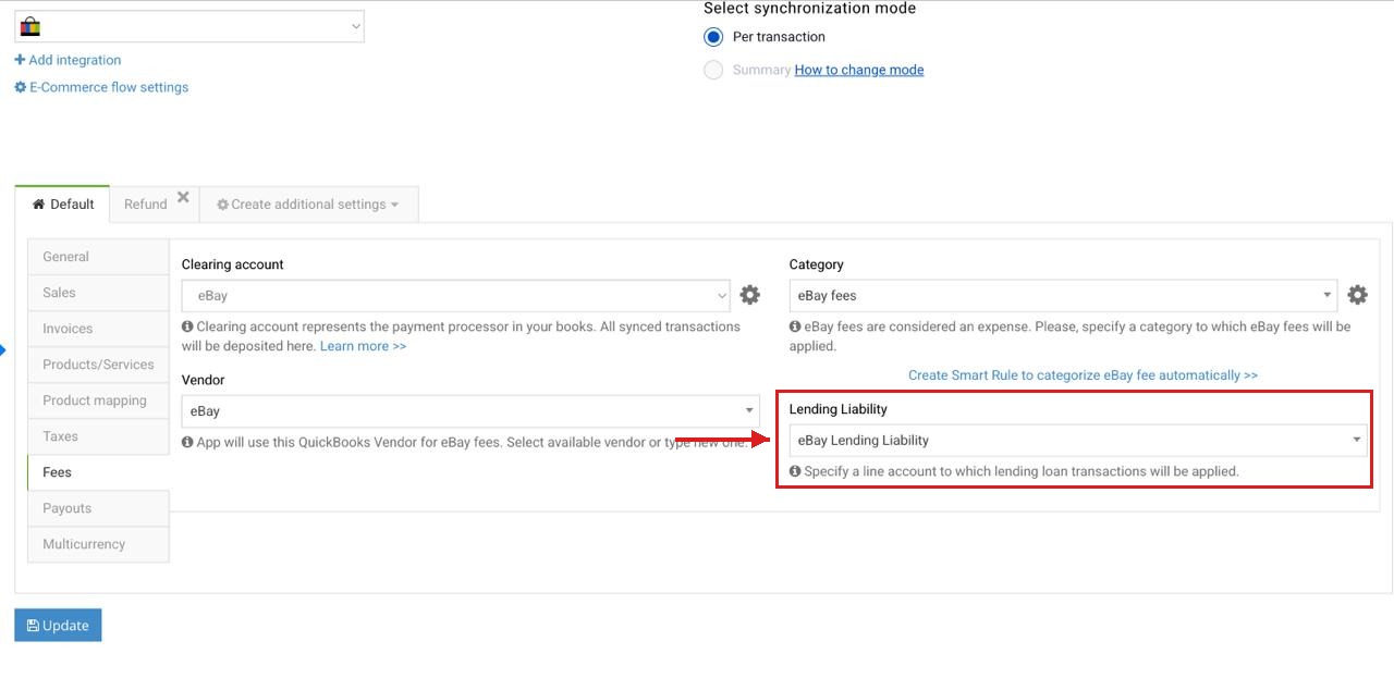 Lending liability field in eBay Fees settings in Synder