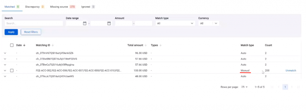 Matched tab showing Match Type column with Auto and Manual entries