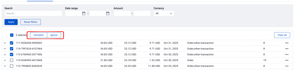 Bulk Unmatch with multiple manual rows selected