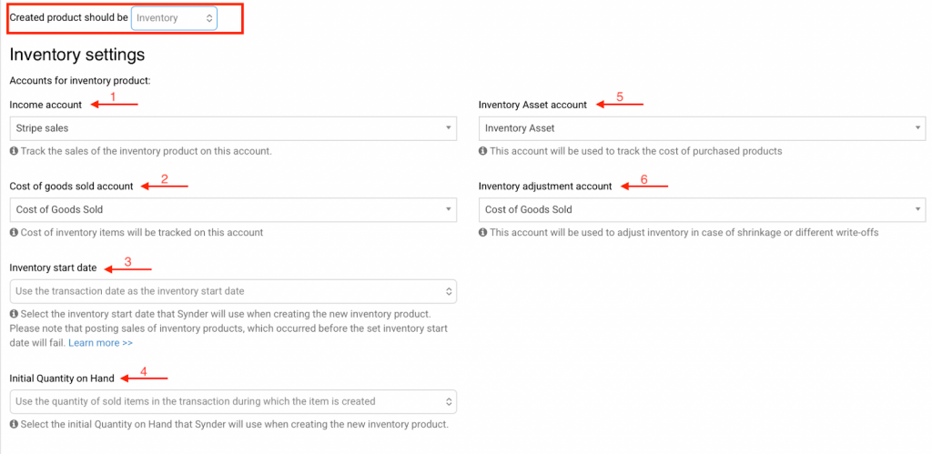 Inventory item settings in Synder for QuickBooks Online