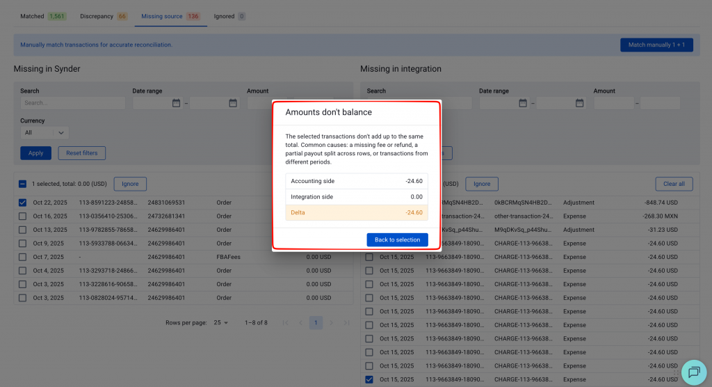 Amount mismatch error showing the delta