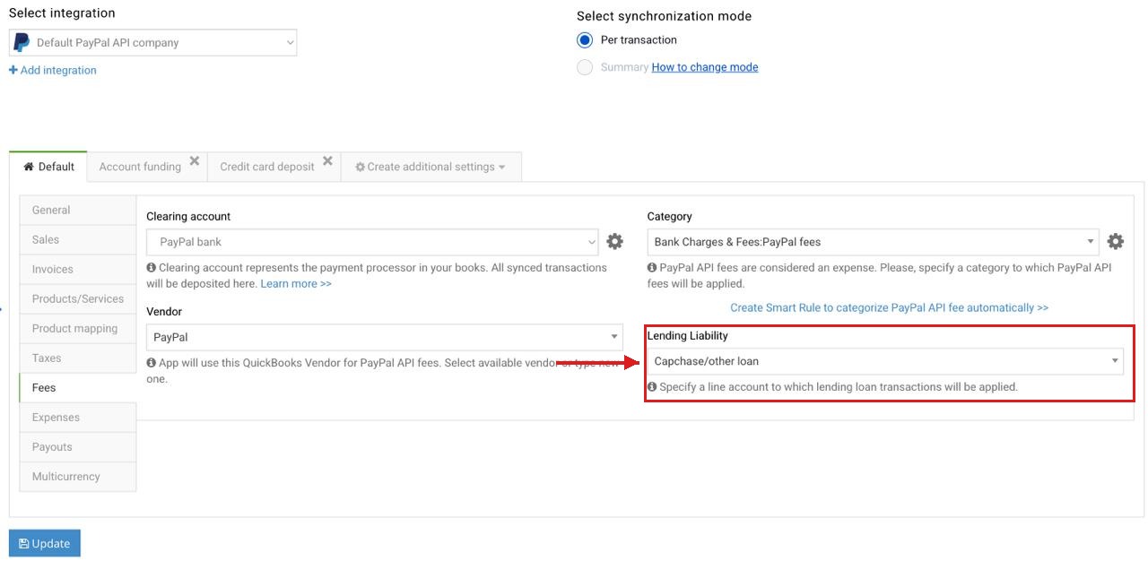 Lending Liability field in PayPal API Fees settings in Synder