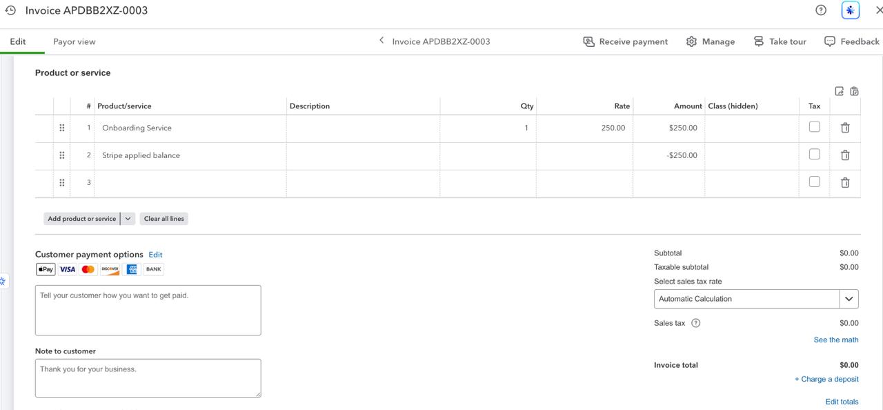 QBO invoice APDBB2XZ-0003 showing Onboarding Service $250 and Stripe applied balance −$250, invoice total $0.00